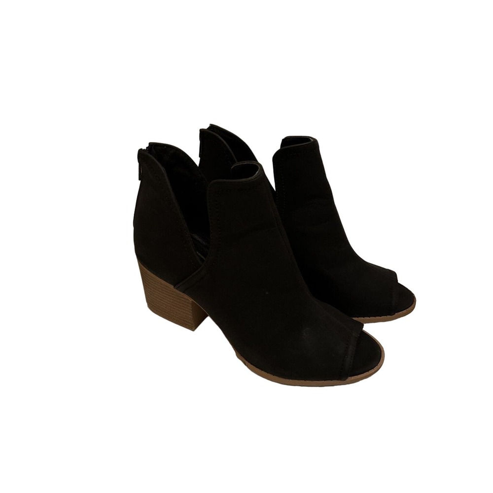 Qupid Black Faux Leather Booties Peep Toe Block Heel Ankle Boots Shoes Size 8